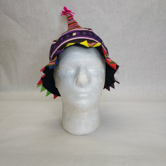 Handmade Traditional Hill Tribe Festival Hat Cone Shape Vibrant Patchwork Stripe - Picture 2 of 10